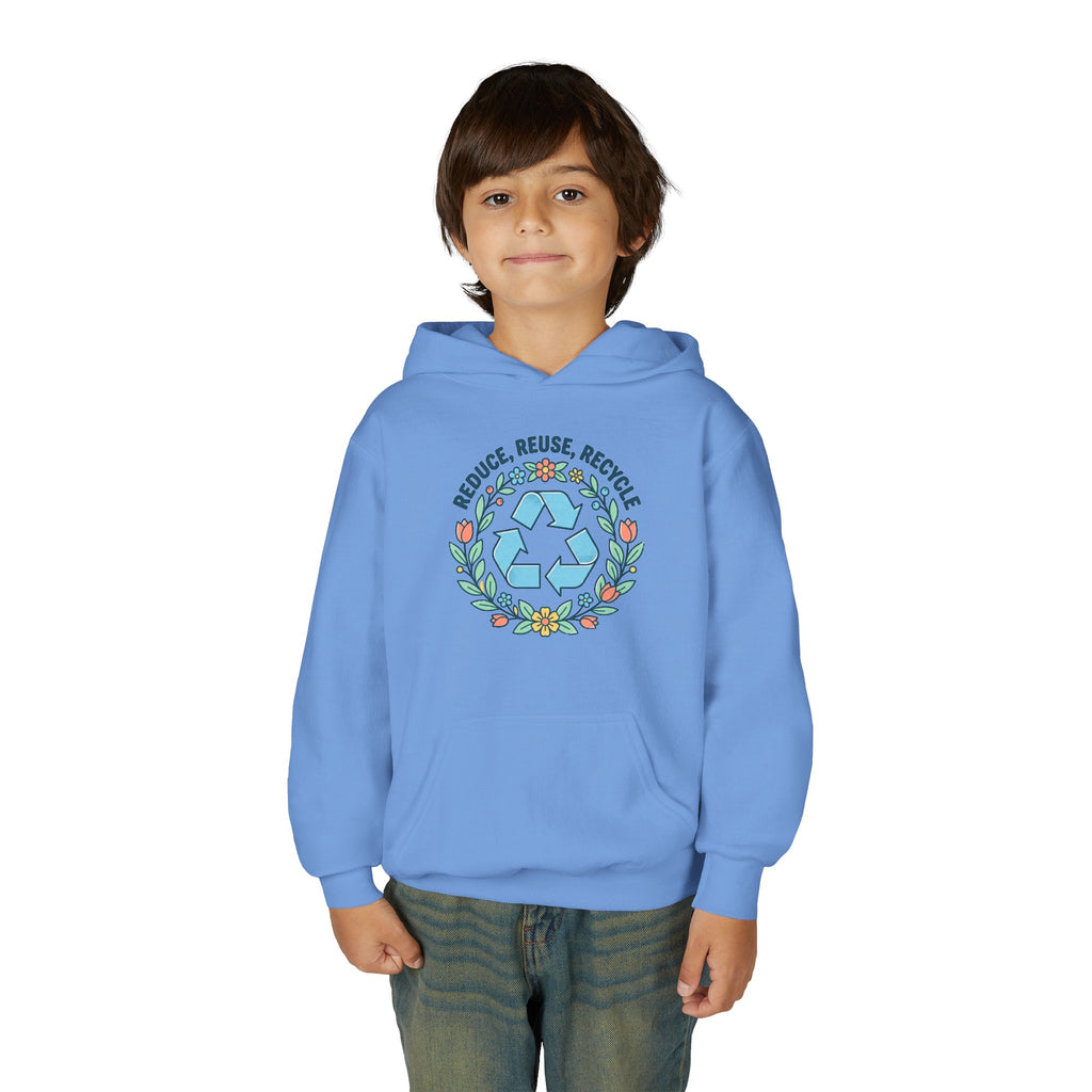 Sudadera con capucha para jóvenes — Sudadera ecológica con símbolo floral de reciclaje "Reduce Reutiliza Recicla"
