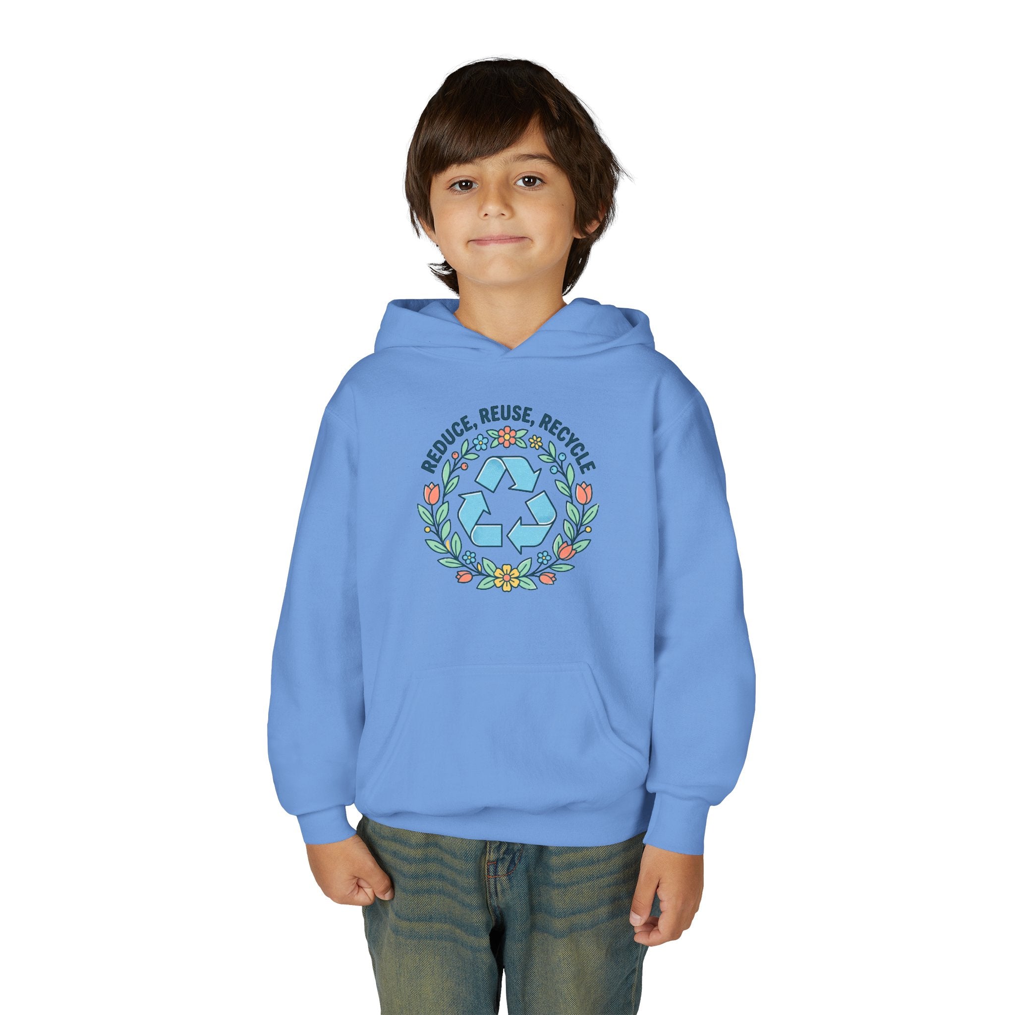 Sudadera con capucha para jóvenes — Sudadera ecológica con símbolo floral de reciclaje "Reduce Reutiliza Recicla"