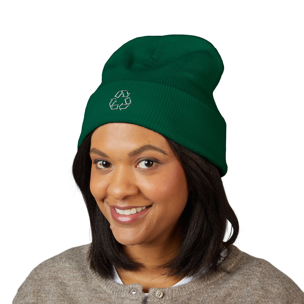 =Embroidered Recycle Symbol Cuffed Beanie (Dark Colors)