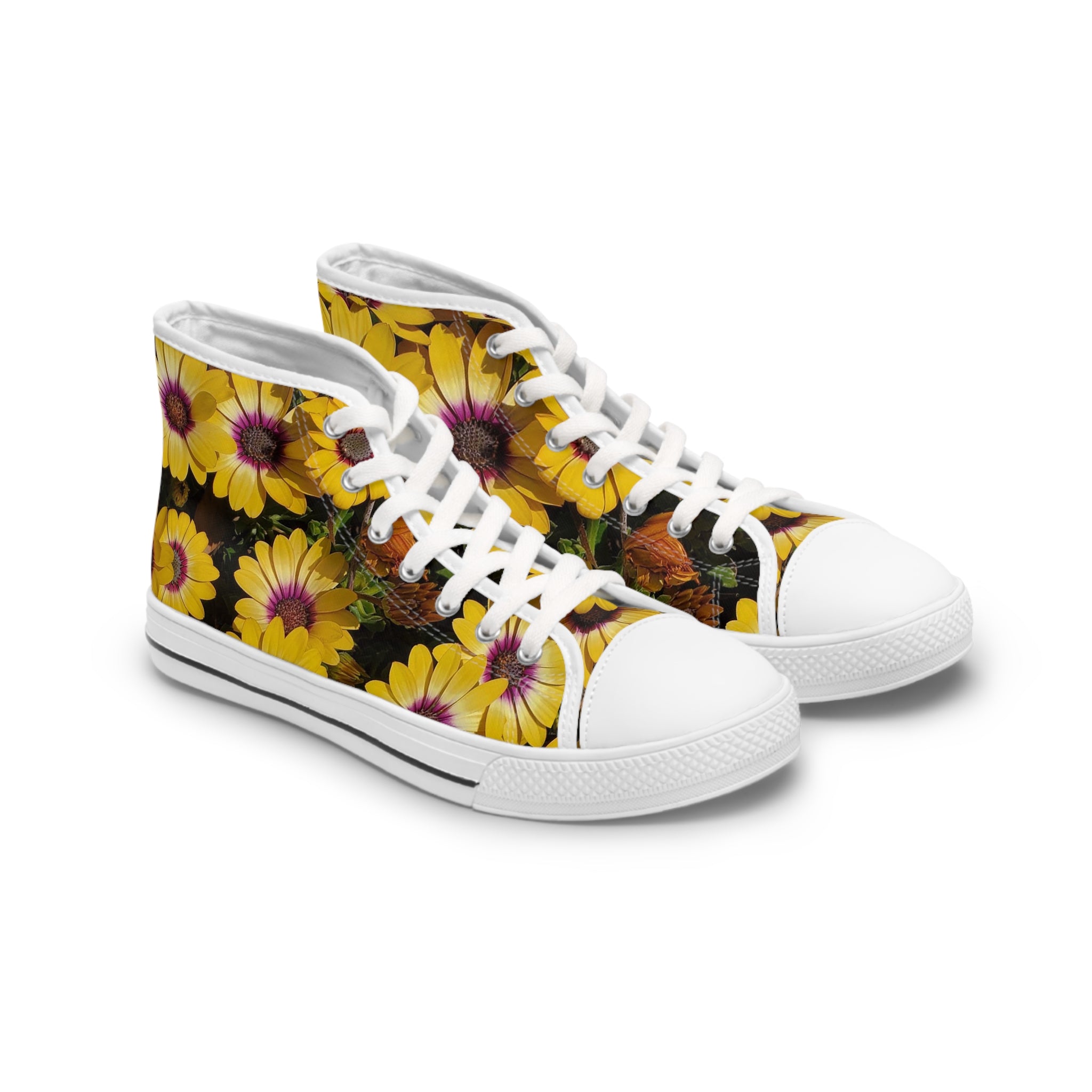 Yellow Daisy High-Top Sneakers — Floral Women's Casual Shoes