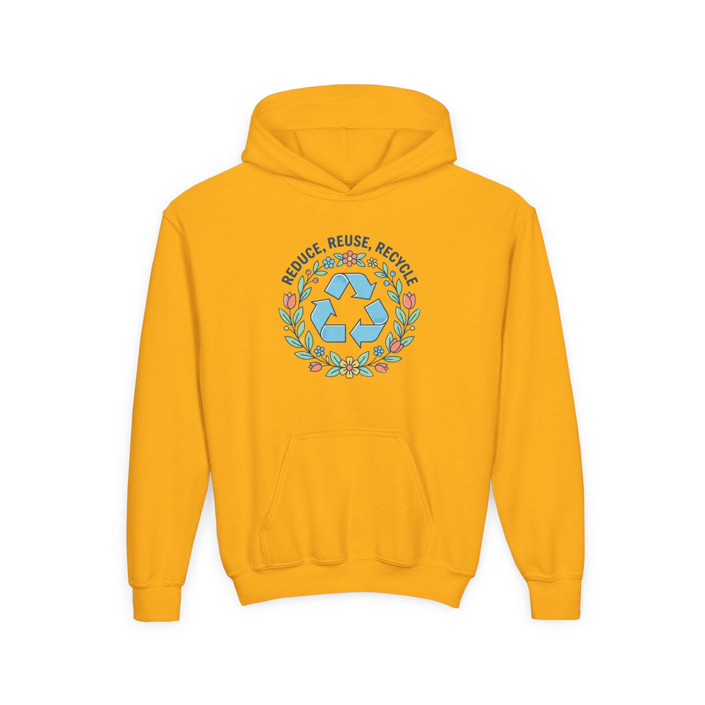 Sudadera con capucha para jóvenes — Sudadera ecológica con símbolo floral de reciclaje "Reduce Reutiliza Recicla"