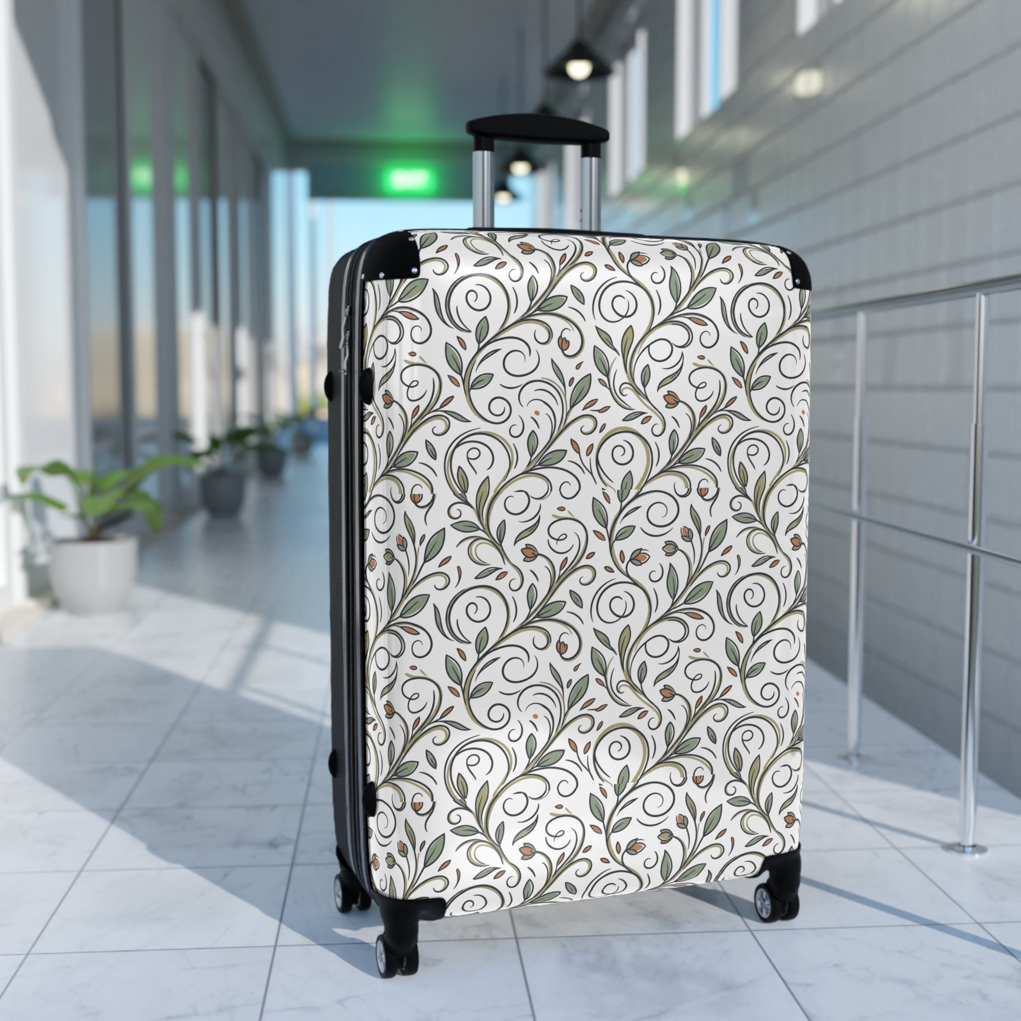 Floral Vine Suitcase — Elegant White & Olive Travel Luggage
