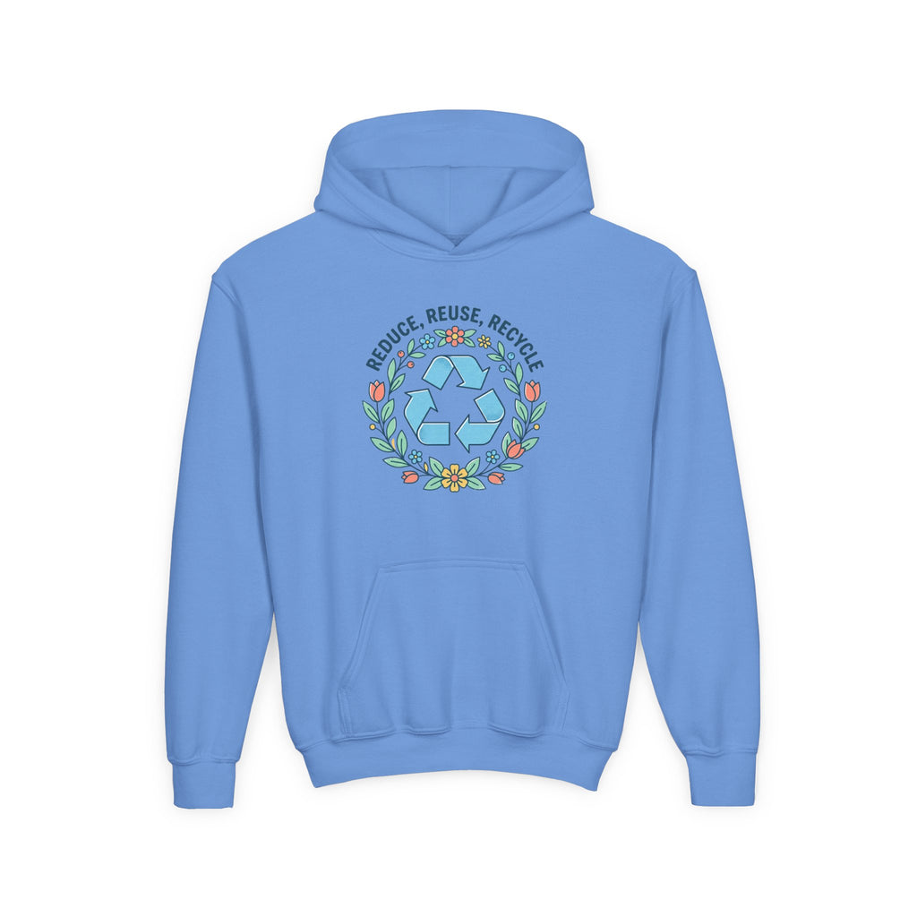 Sudadera con capucha para jóvenes — Sudadera ecológica con símbolo floral de reciclaje "Reduce Reutiliza Recicla"