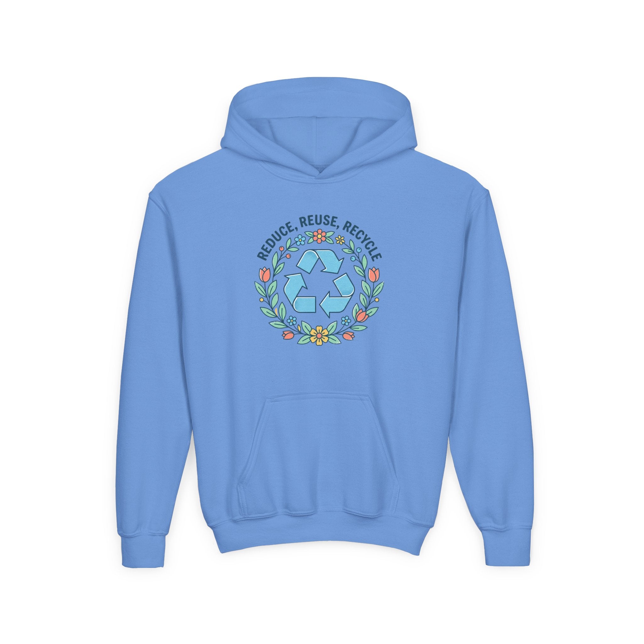 Sudadera con capucha para jóvenes — Sudadera ecológica con símbolo floral de reciclaje "Reduce Reutiliza Recicla"