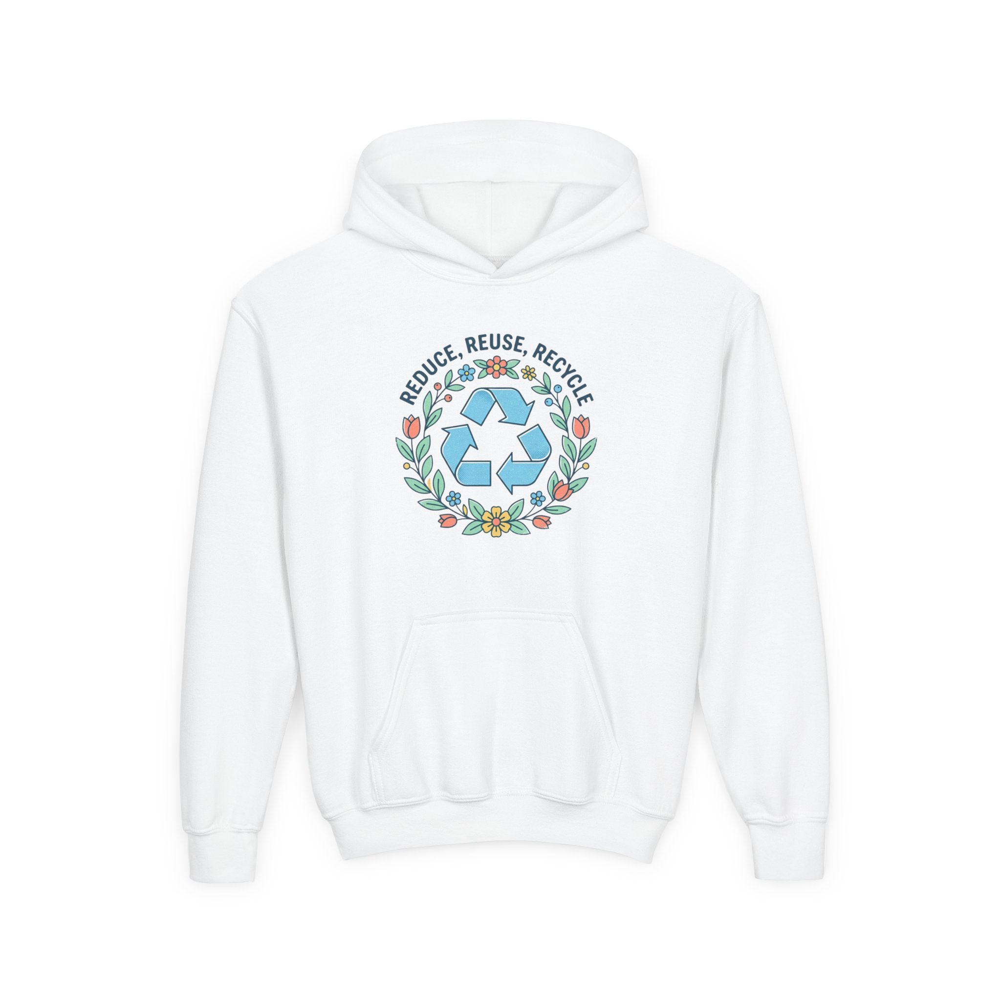 Sudadera con capucha para jóvenes — Sudadera ecológica con símbolo floral de reciclaje "Reduce Reutiliza Recicla"