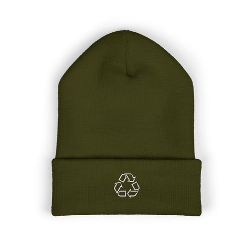 =Embroidered Recycle Symbol Cuffed Beanie (Dark Colors)