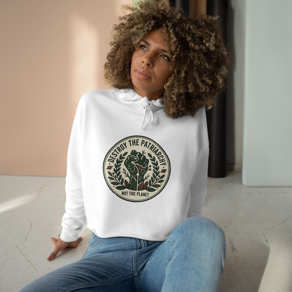 Sudadera corta con capucha y emblema de rosa "Destruye el patriarcado" | Estampado ecológico de plantas
