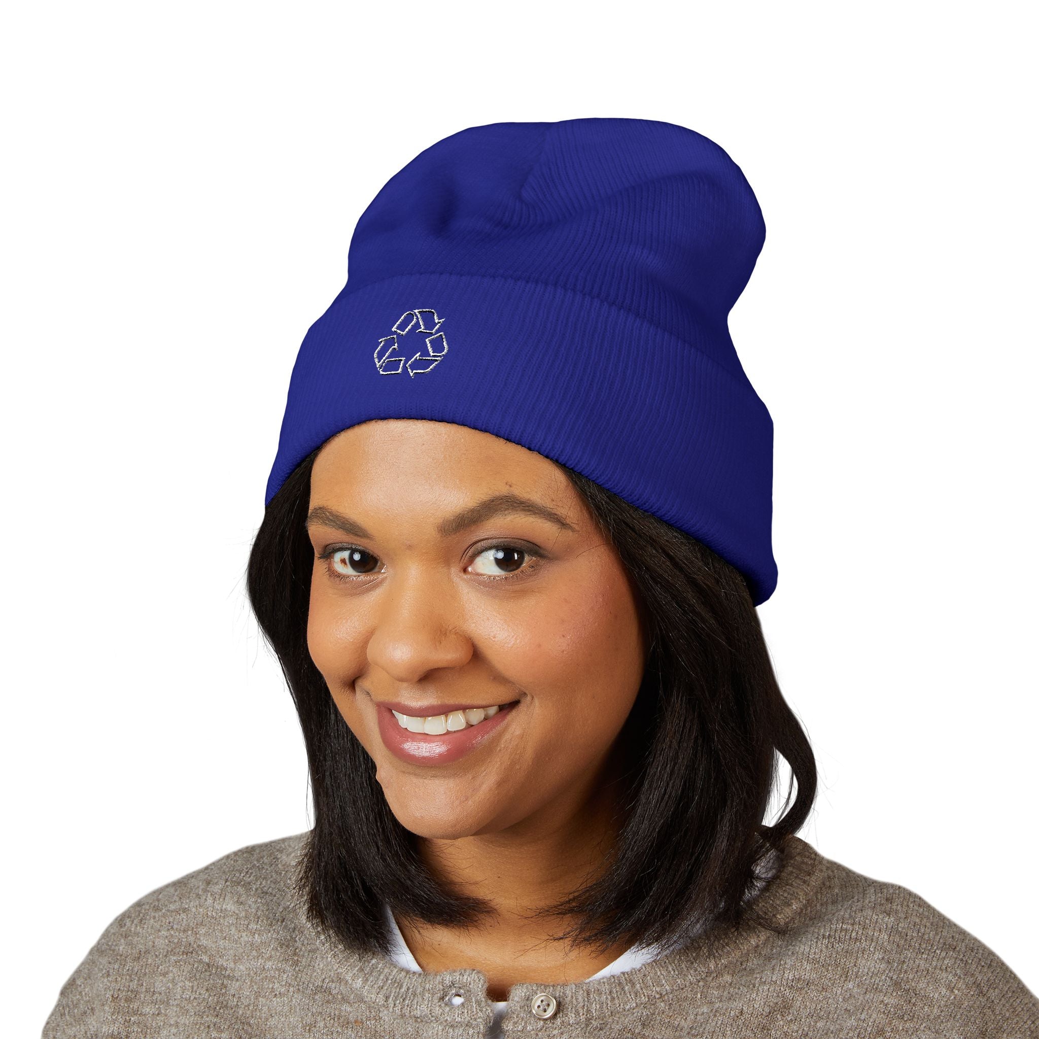 =Embroidered Recycle Symbol Cuffed Beanie (Dark Colors)