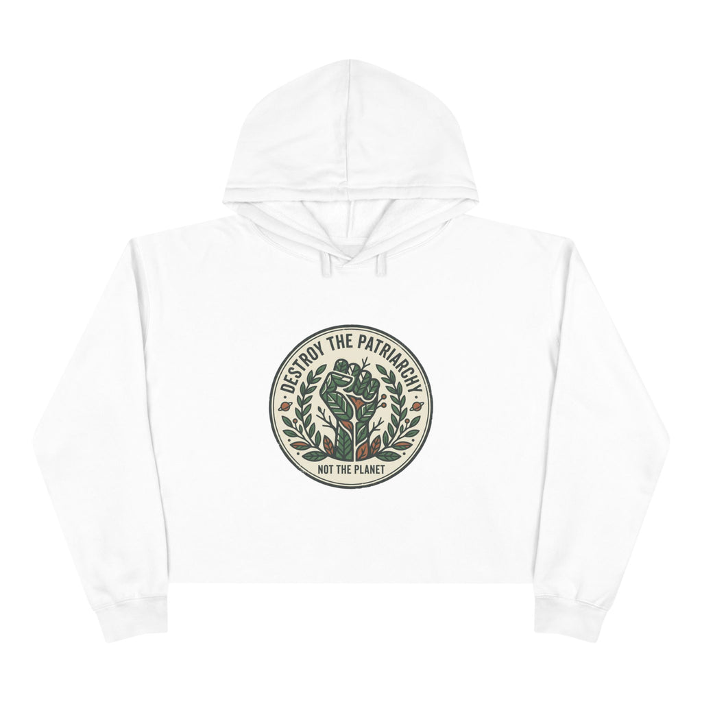 Sudadera corta con capucha y emblema de rosa "Destruye el patriarcado" | Estampado ecológico de plantas