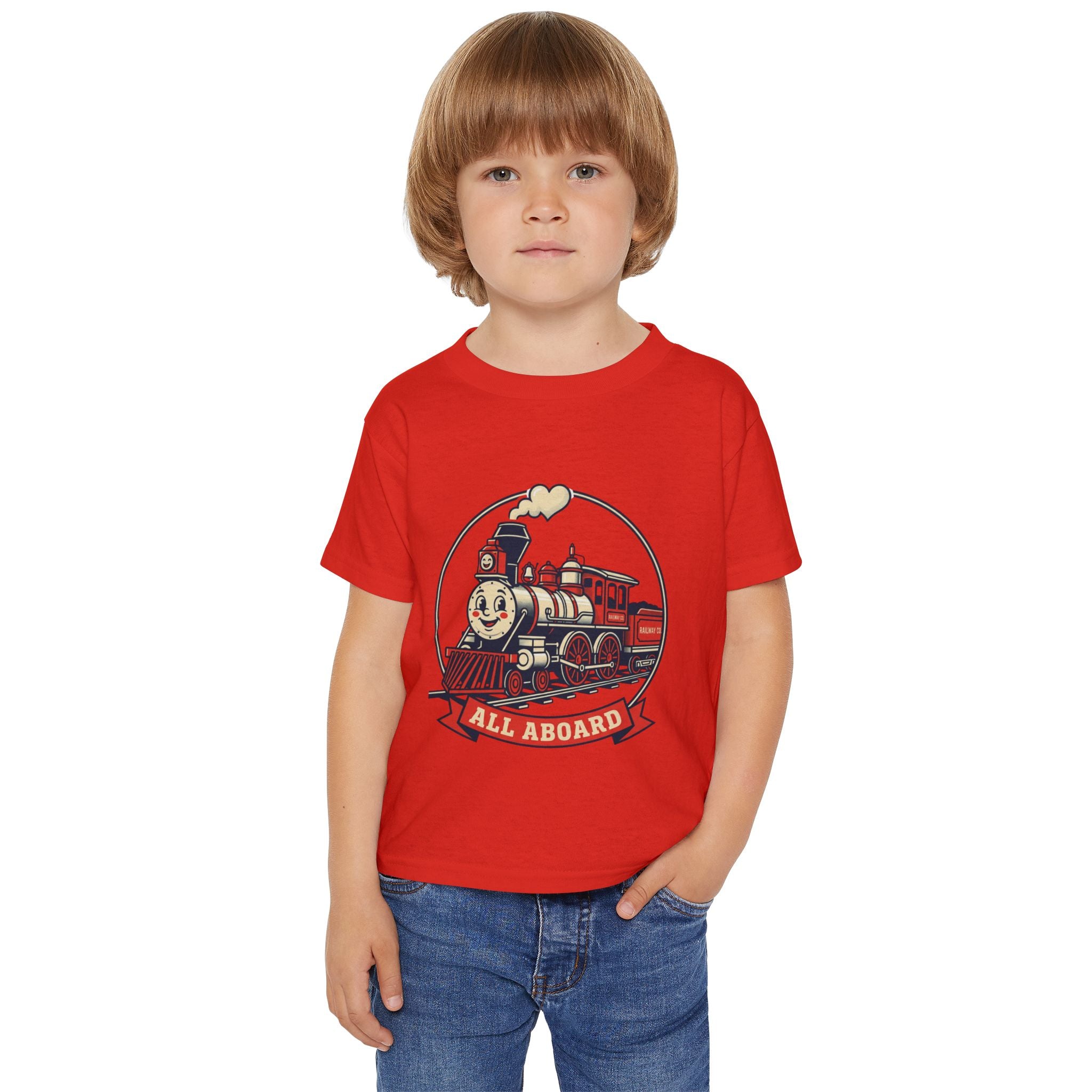 Camiseta para niños pequeños — Gráfico de tren clásico "¡Todos a bordo!"