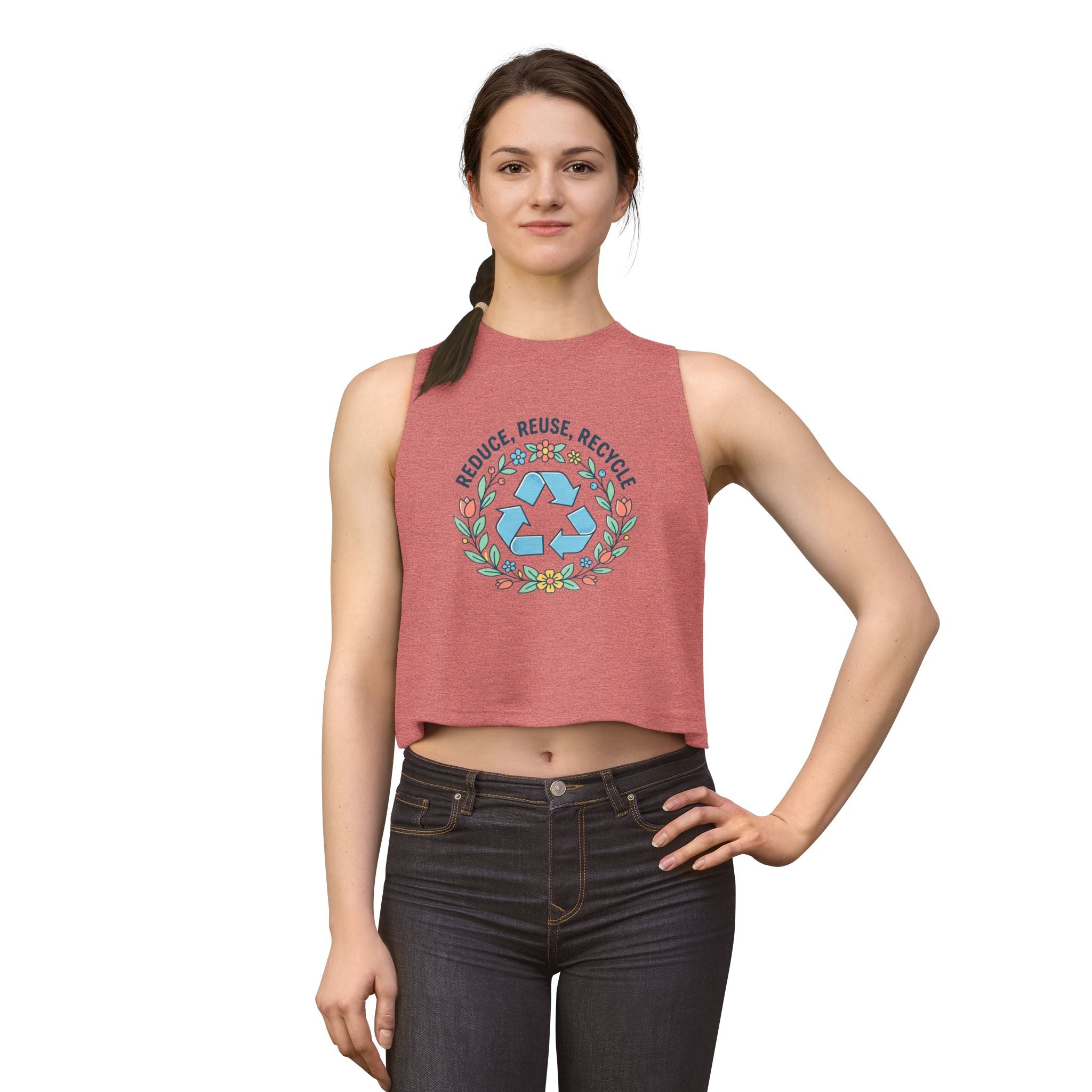 Top Corto Floral Ecológico — Camiseta Corta sin Mangas de Mujer "Reduce, Reutiliza, Recicla"