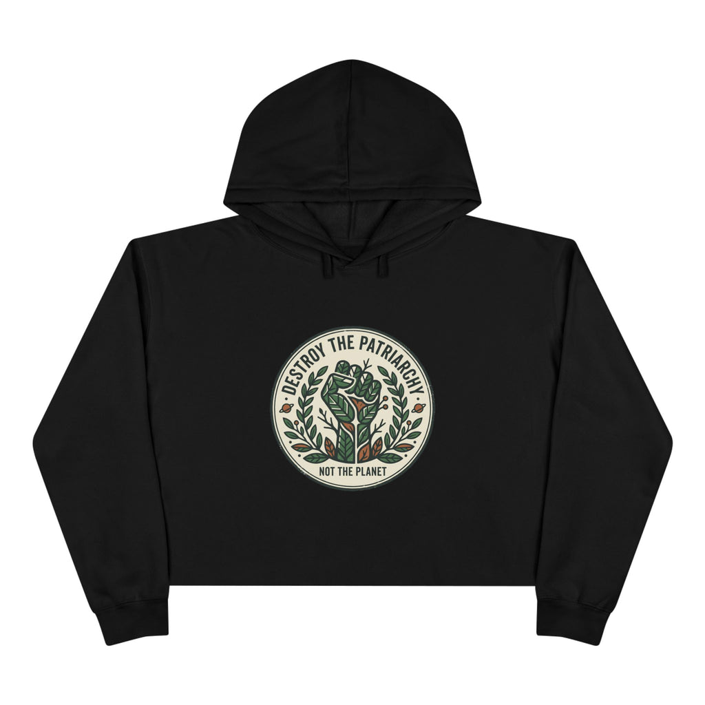 Sudadera corta con capucha y emblema de rosa "Destruye el patriarcado" | Estampado ecológico de plantas