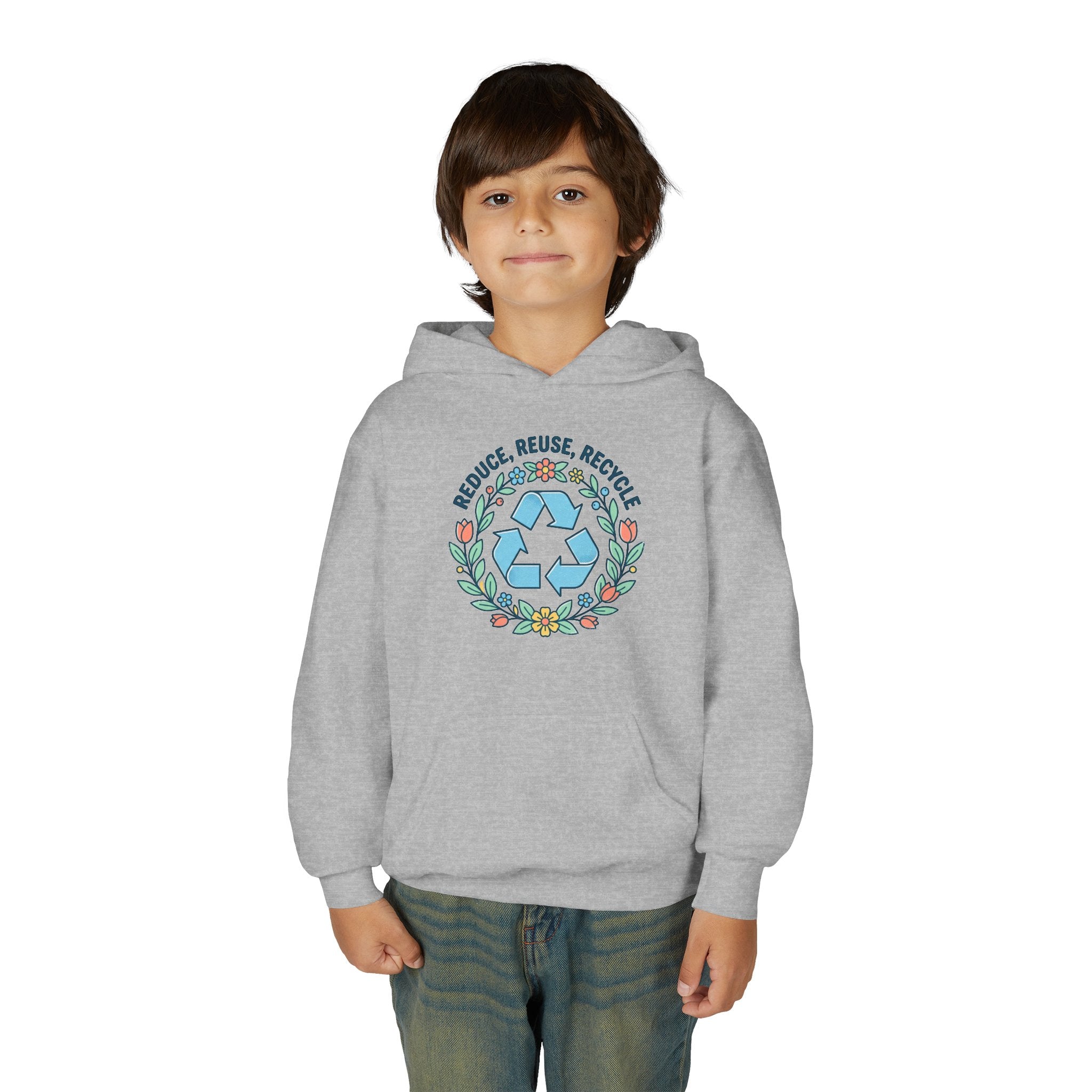 Youth Hoodie — “Reduce Reuse Recycle” Floral Recycle Symbol Eco Sweatshirt