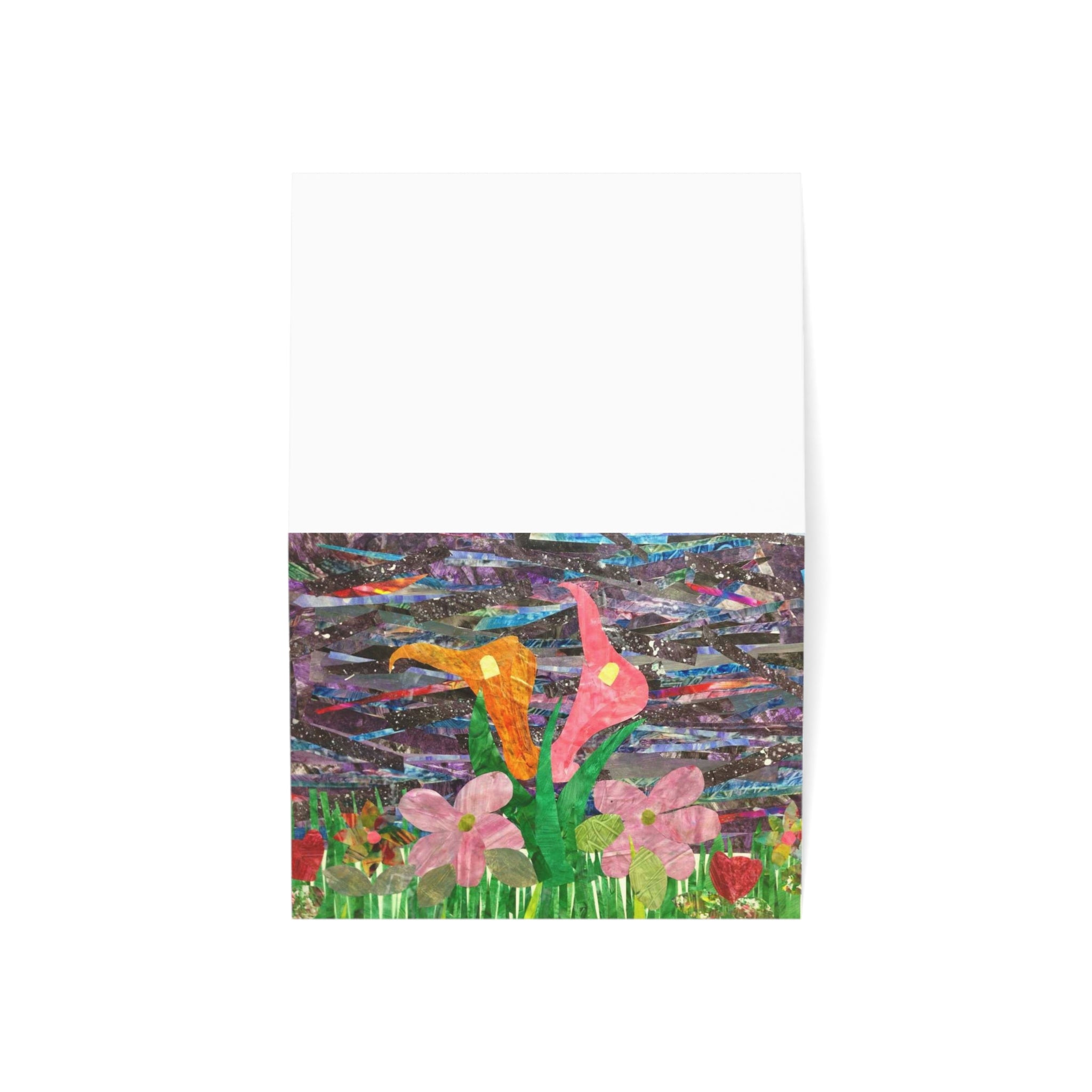 Tarjeta para el Día de la Madre con collage floral — Paquete de 1/10/30/50 (Diseño de lirios cala y corazones)