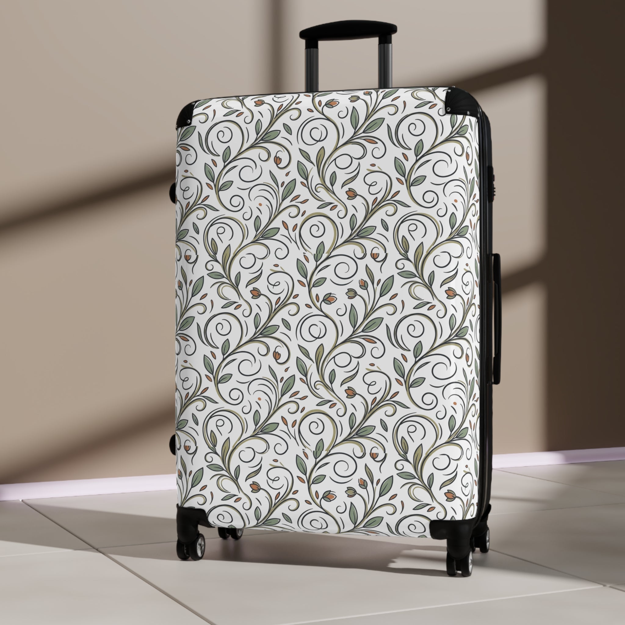 Floral Vine Suitcase — Elegant White & Olive Travel Luggage