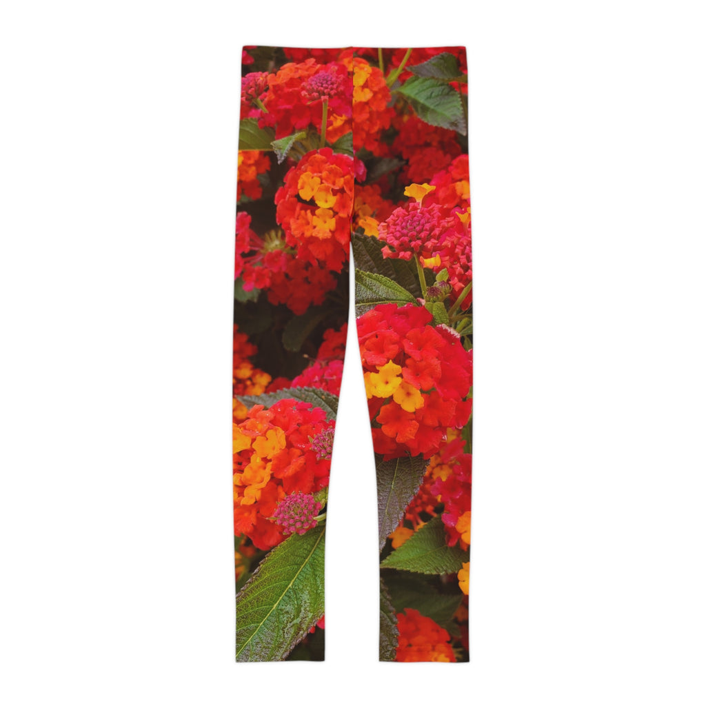 Leggings florales Lantana para niños — Estampado integral rojo y naranja brillante