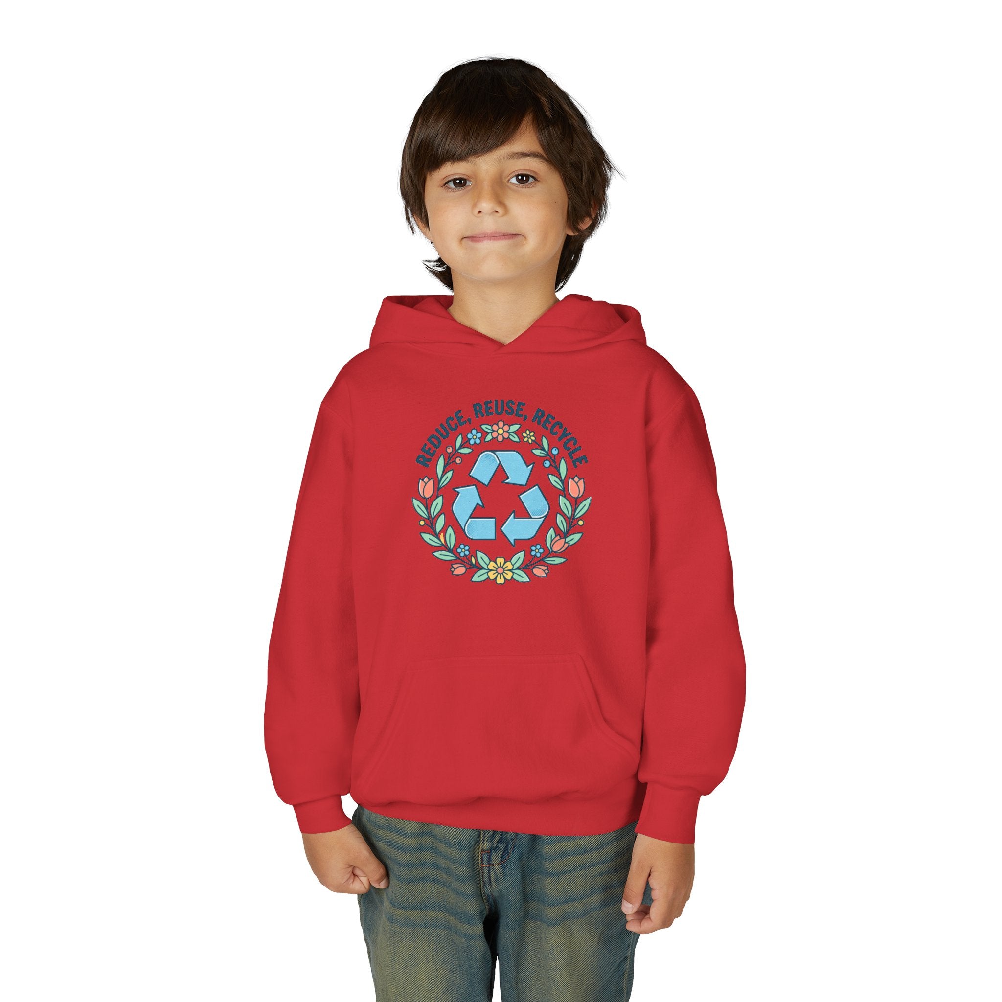 Youth Hoodie — “Reduce Reuse Recycle” Floral Recycle Symbol Eco Sweatshirt