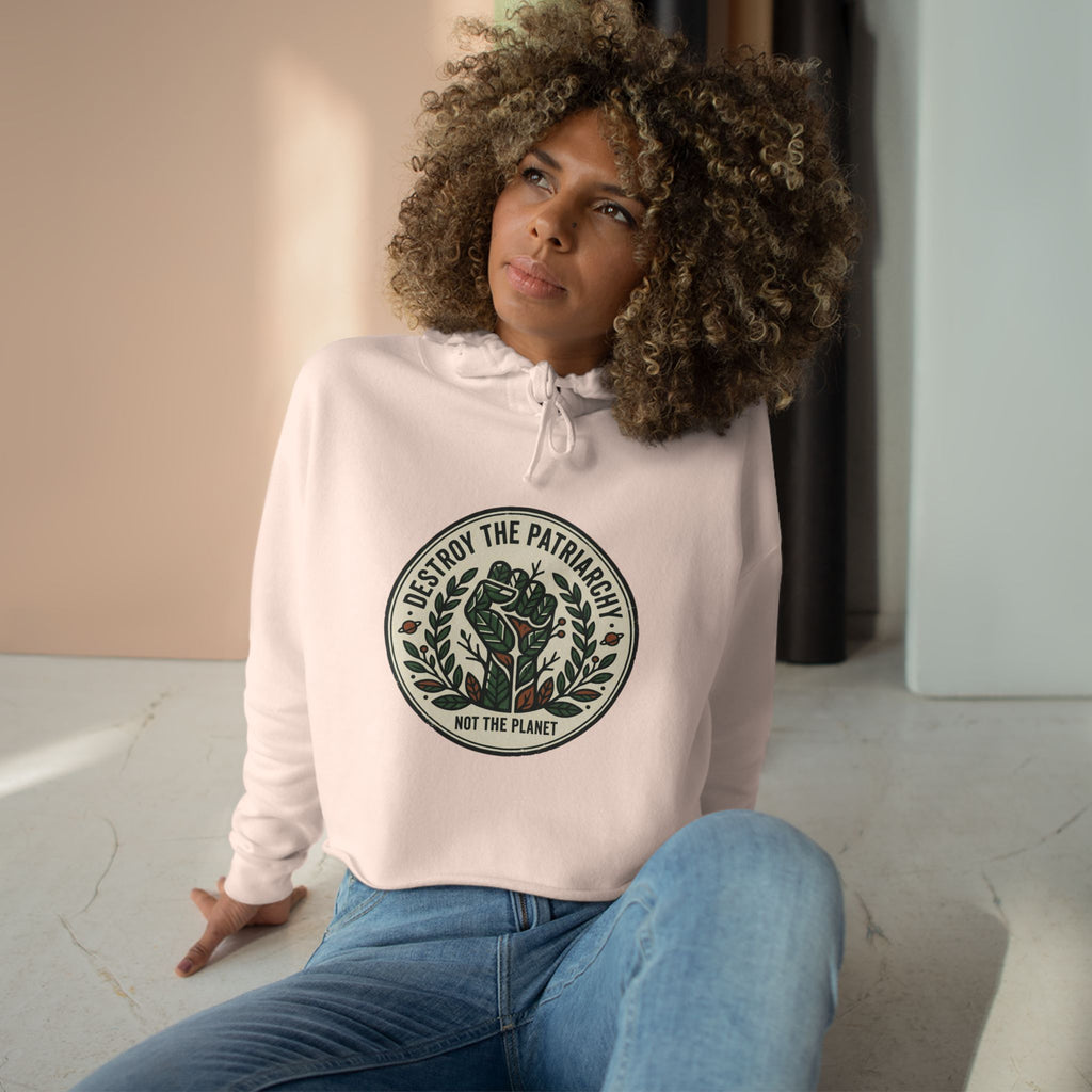Sudadera corta con capucha y emblema de rosa "Destruye el patriarcado" | Estampado ecológico de plantas