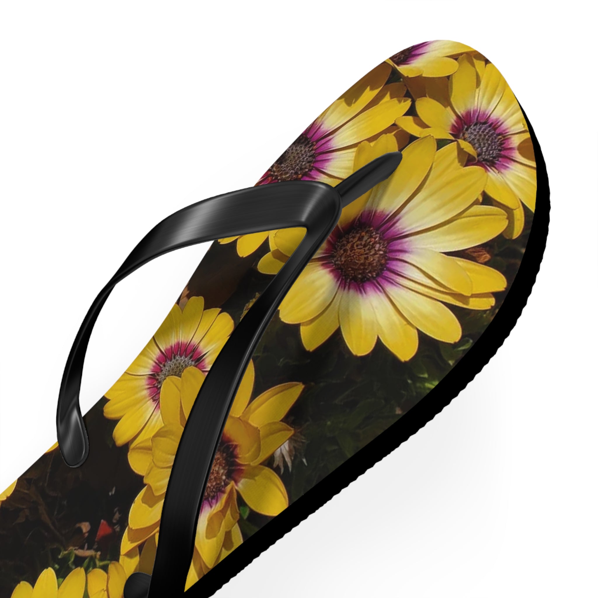 Yellow Daisy Inverted Pattern Flip Flops — Floral Beach Sandals