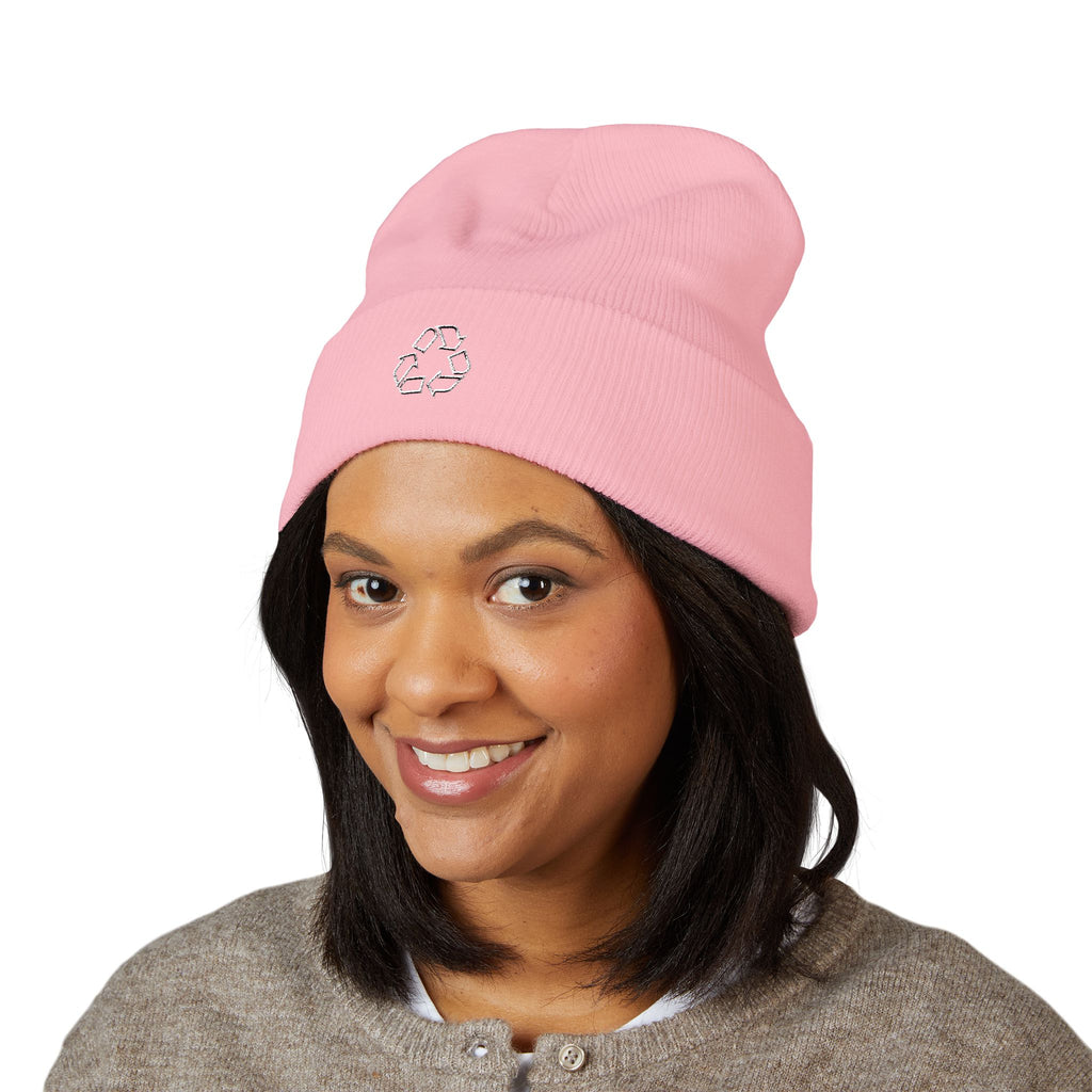=Embroidered Recycle Symbol Cuffed Beanie (Dark Colors)